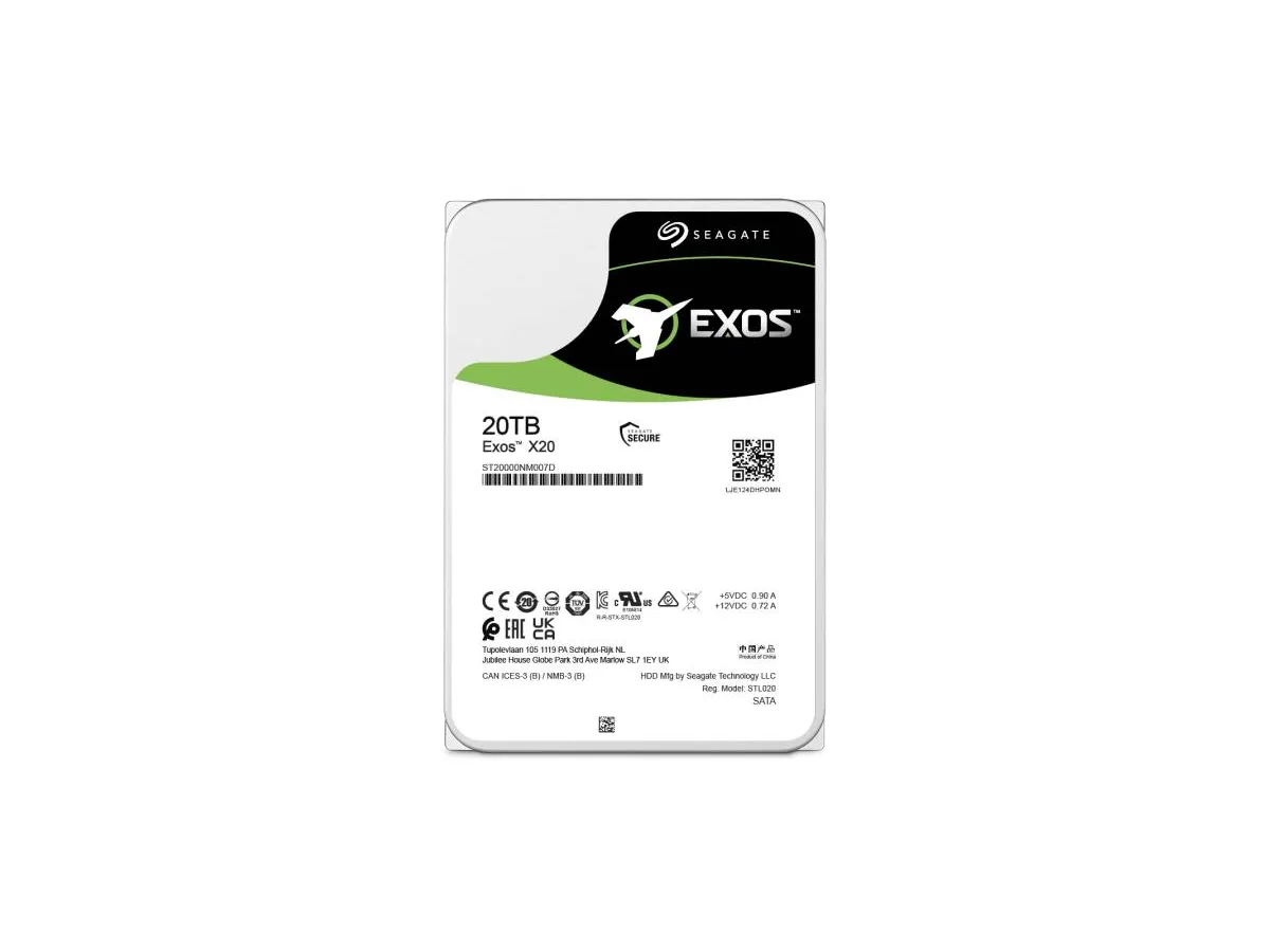 Exos X20 series reference chart (see 20TB in the diagram); capacity, interface and security versions are specified for each model.